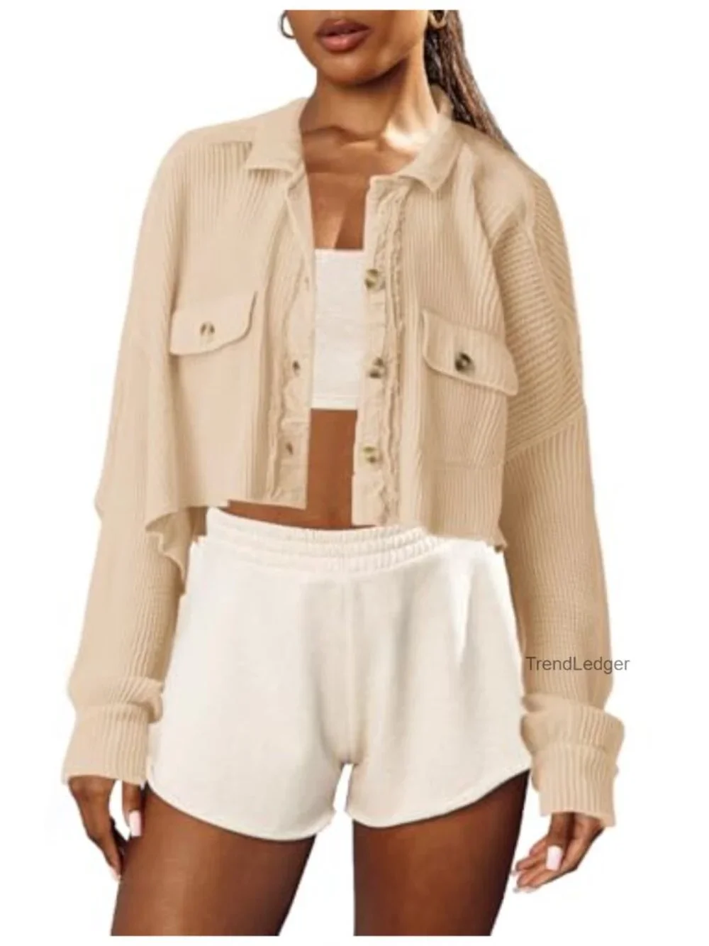Waffle Knit Cropped Cardigan Button Down Long Sleeve Shacket Oversized
